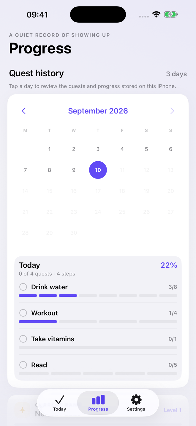 Daily Quest Progress in light mode with the quest history calendar and steps for the selected day