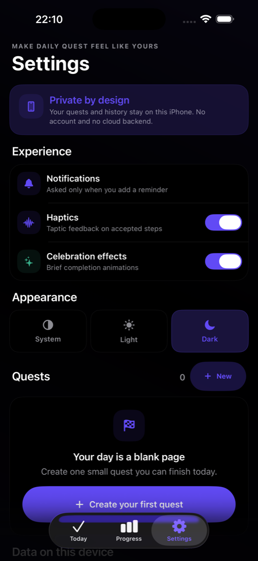 Daily Quest Settings screen in dark mode