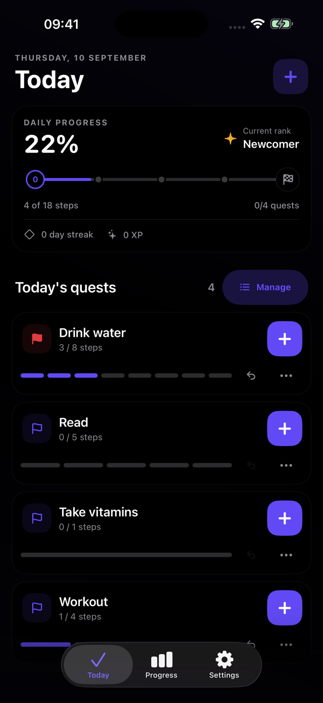 Daily Quest Today in dark mode: straight daily progress route, priority flag, and compact quest cards